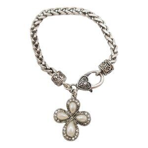 Byzantine Style Silver Tone Faux Pearl Rhinestone Cross Charm Chain Bracelet